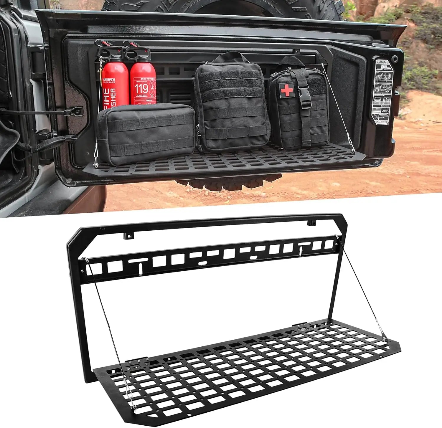 Tailgate Table Rear Foldable Cargo Shelf Aluminum Alloy Storage Shelf MOLLE Panel for Jeep Wrangler JK JKU and for JL JLU-0