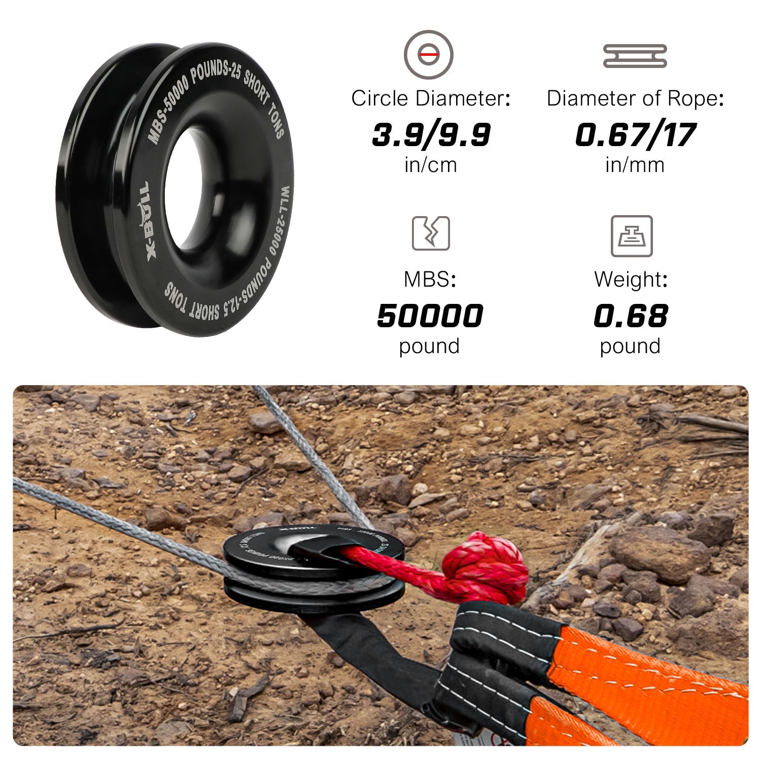 Recovery Ring Soft Shackle Kit Snatch Block Pulley Rope Snatch Ring