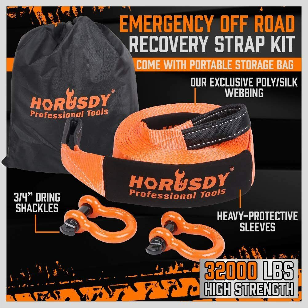 Heavy Duty Recovery Tow Straps Snatch Kit - 32,000 LBS Break Strength with D-Ring Shackles