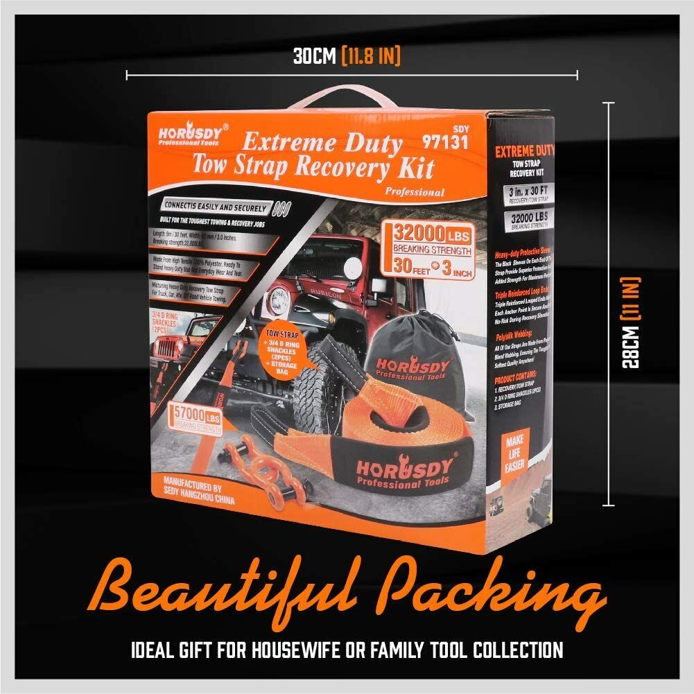 Heavy Duty Recovery Tow Straps Snatch Kit - 32,000 LBS Break Strength with D-Ring Shackles